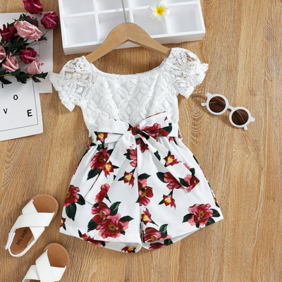 Girls Floral Lace Short Sleeve Top Print Jumpsuit