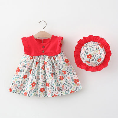 Girls Summer Floral Flying Sleeve Hat Dress