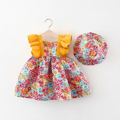 Girls Summer Floral Flying Sleeve Hat Dress