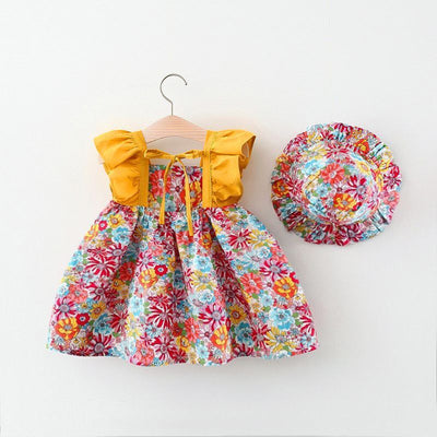 Girls Summer Floral Flying Sleeve Hat Dress