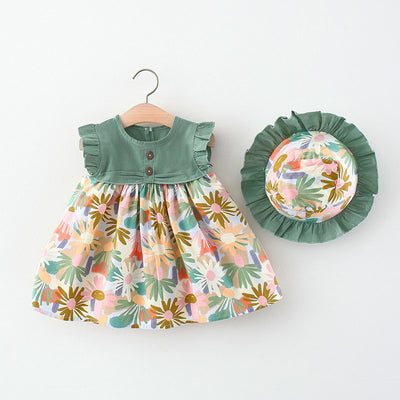 Girls Summer Floral Flying Sleeve Hat Dress